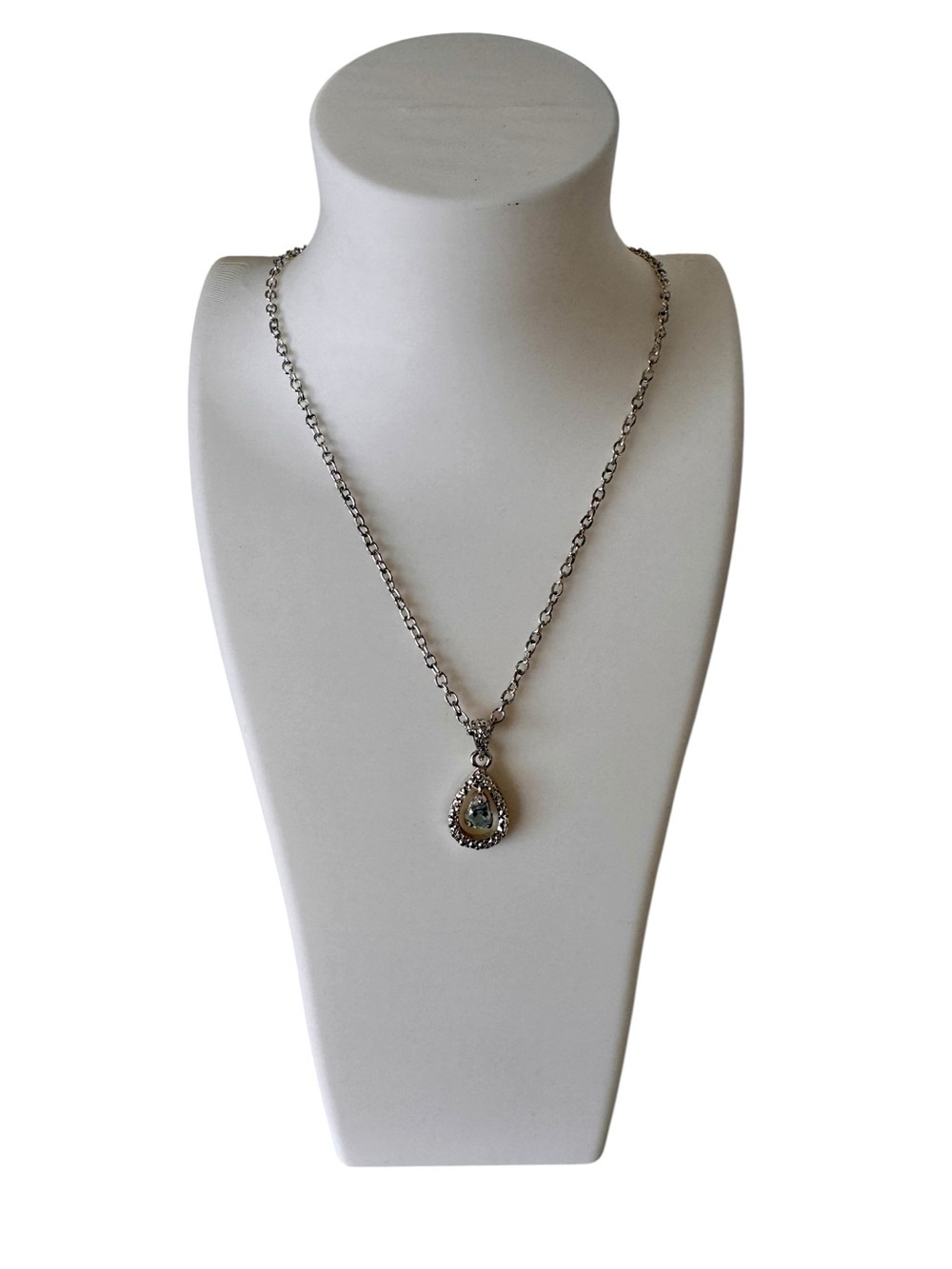 Silver Blue Teardrop Halo Pendant Necklace Crystal Accent Statement Jewelry